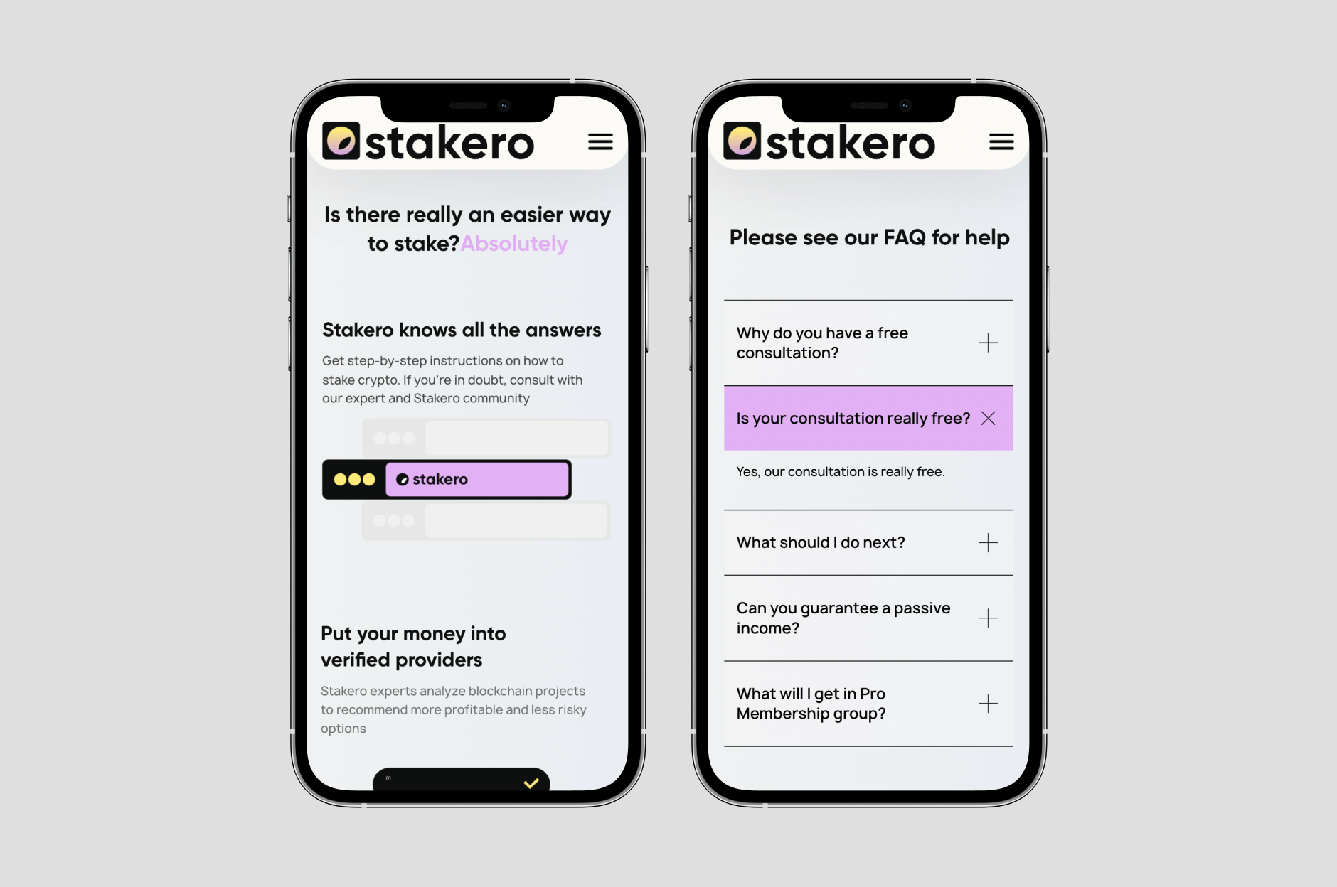 two mobile mockup with features and faq