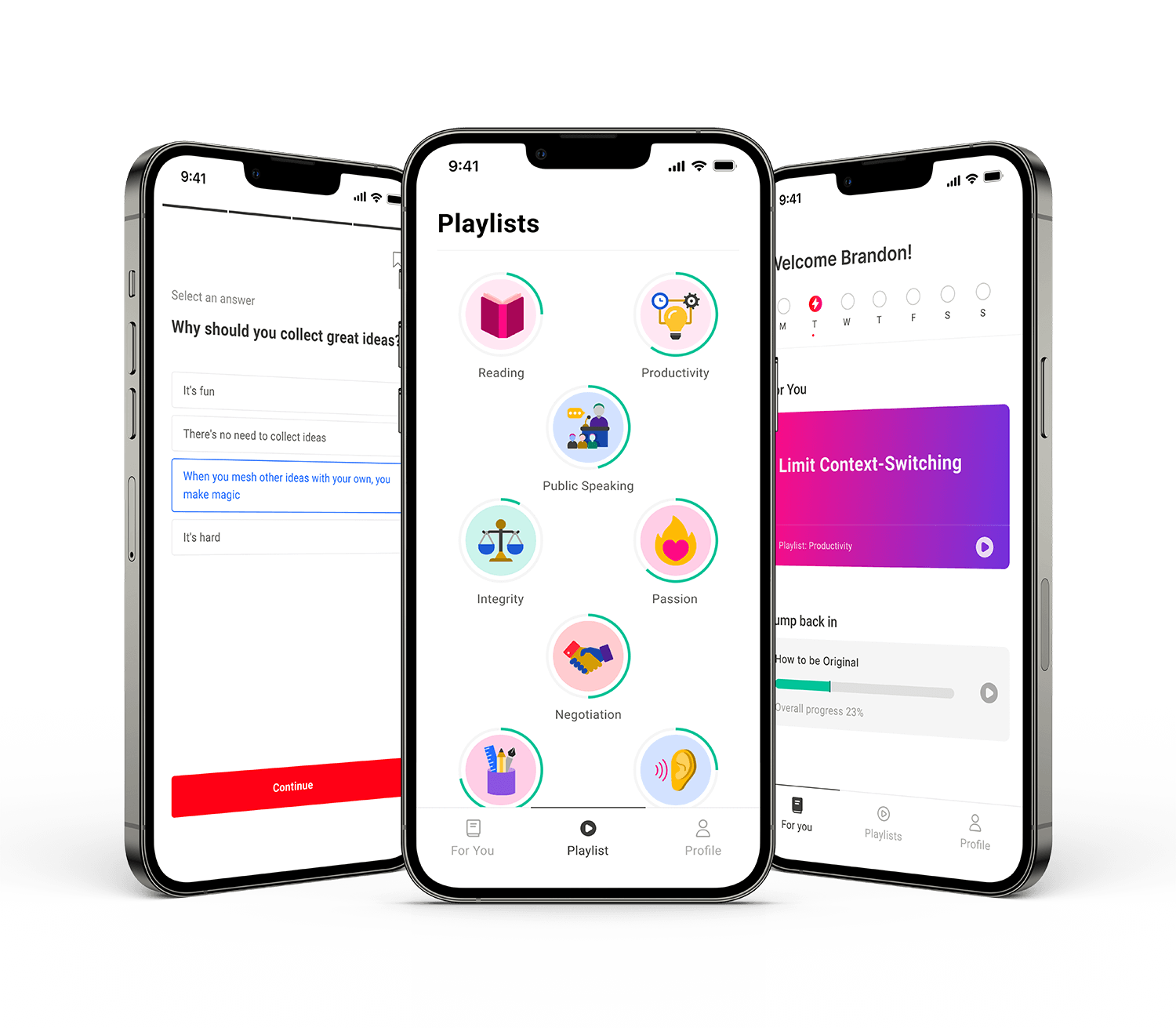 Three phones displaying the NextGen Skills app. 