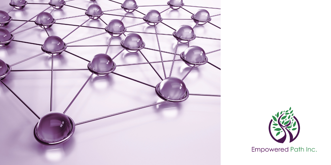 A network of purple spheres in a silver grid, next to the Empowered Path Inc. logo, a stylized tree