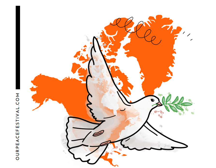 A white dove with a branch in it's beak flies across an orange map of North America and Greenland. The website https://www.ourpeacefestival.com is highlighted