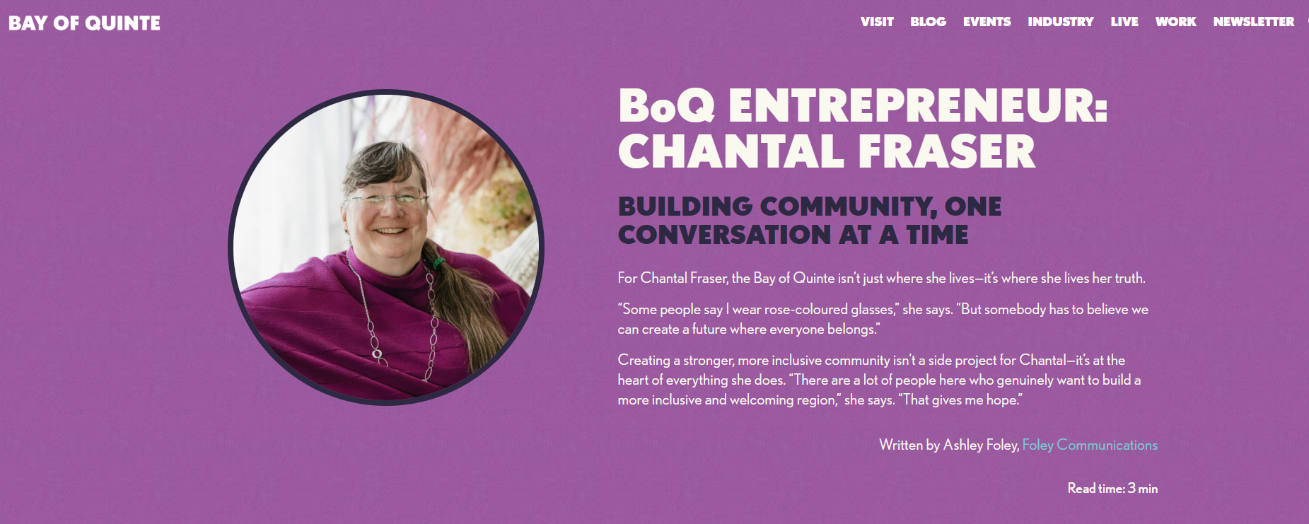 The top portion of the feature, includes Chantal's image and the title BoQ Entrepreneur: Chantal Fraser Building Community, One Conversation at a Time