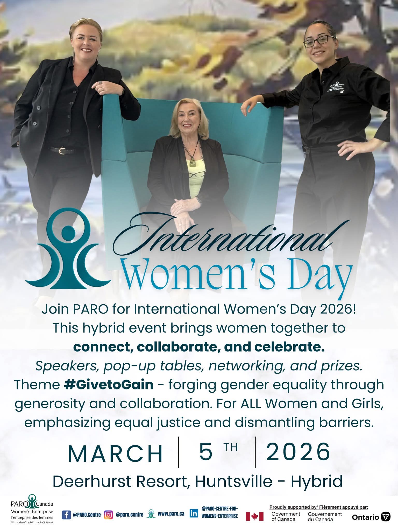 An image of three Proud PARO women, with Rosalind the founder sitting in a chair between Melissa and Maria. Event details are also on the image.