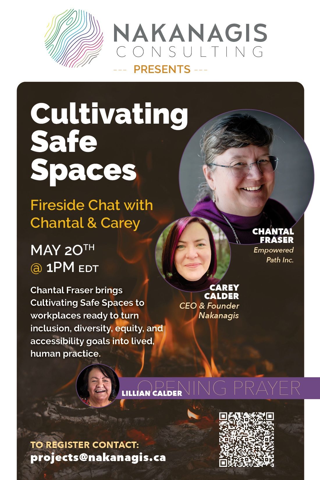 A beautiful poster with Chantal's, Carey's and Lillian's image superimposed over a fire, listing all the event details.