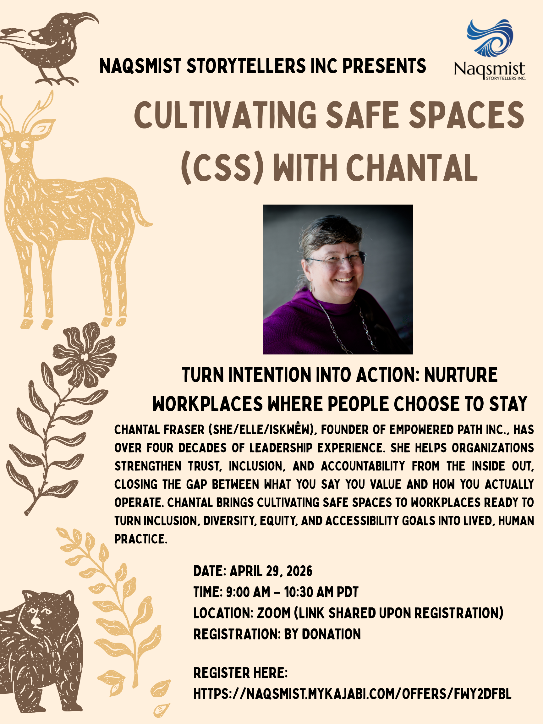 A poster for this event, sharing information and a picture of Chantal. A series of woodland creatures span the lefthand side of the poster.