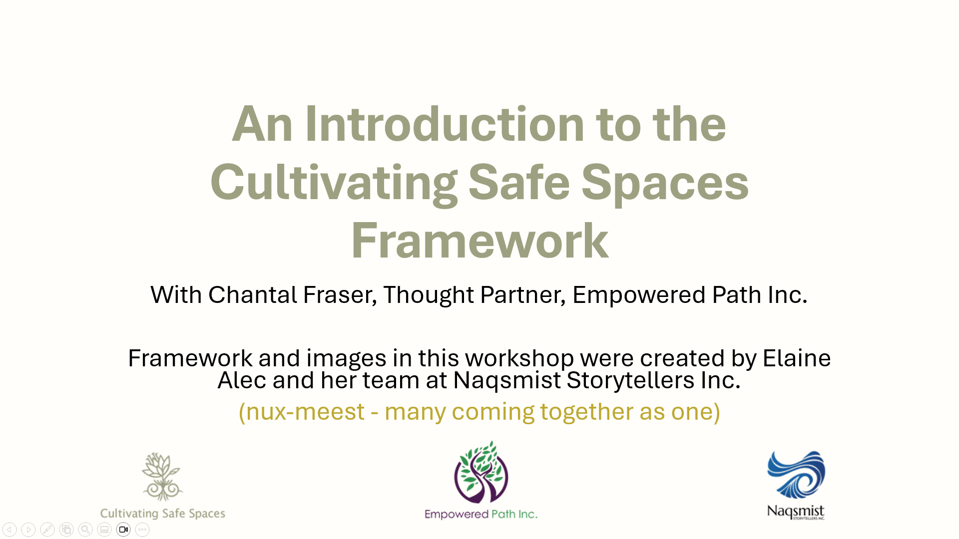 The cover slide for An Introduction to the Cultivating Safe Spaces Framework with Chantal Fraser, Thought Partner, Empowered Path Inc. The framework and images in this workshop were created by Elaine Alec and her team at Naqsmist Storytellers Inc. (nux-meest - many coming together as one) The Cultivating Safe Spaces, Empowered Path Inc. and Naqsmist Storytellers Inc. logos are across the bottom of the image