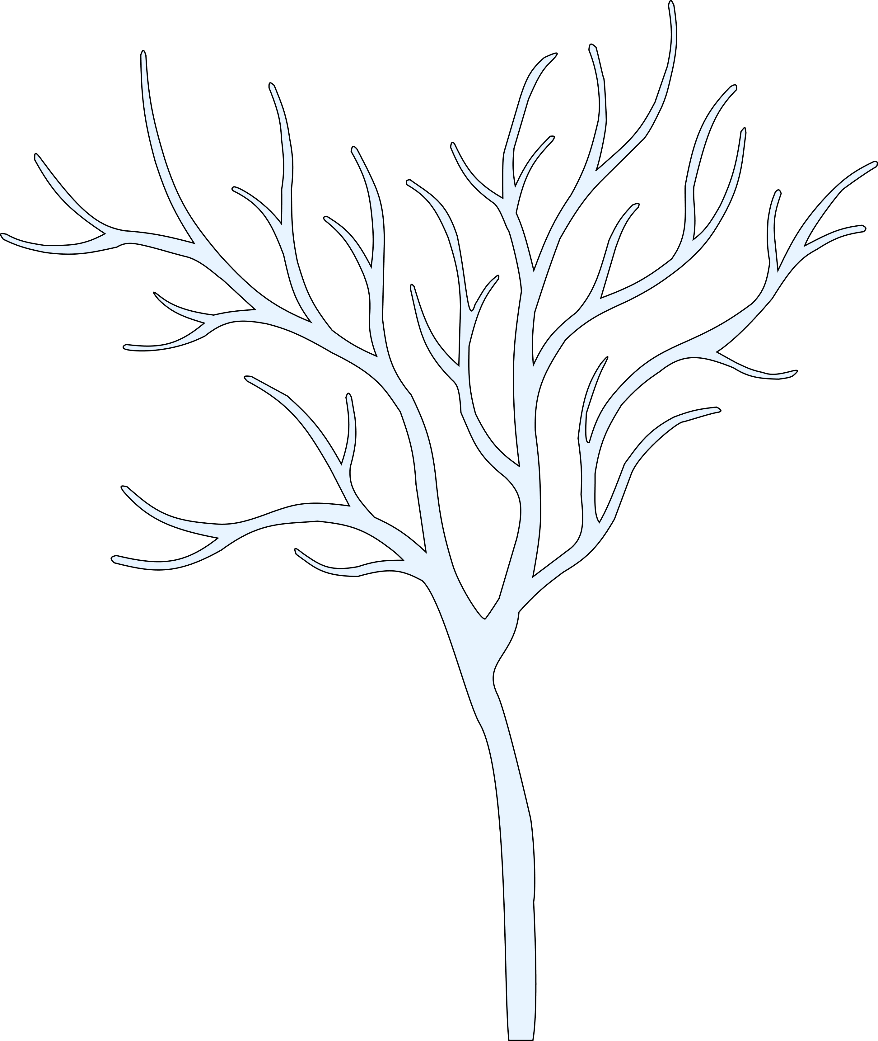 Simple light blue silhouette of a leafless tree with multiple thin branches on a black background.