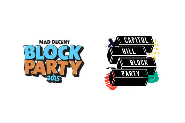 Two logos: 'MAD DECENT BLOCK PARTY 2015' in blue and brown letters, and 'CAPITOL HILL BLOCK PARTY' in white letters stacked on black blocks with colorful accents.