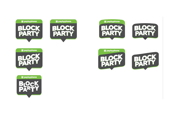 Nine variations of the 'Block Party' logo featuring a green header with 'paybyphone' and white block letters on a dark background with a downward point.