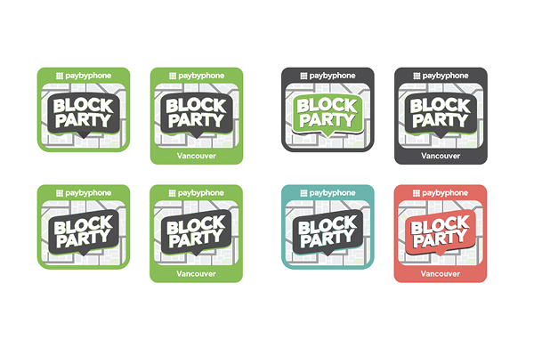 Nine variations of the PayByPhone Block Party logo in green, black, teal, and red, some with the word Vancouver below the logo.