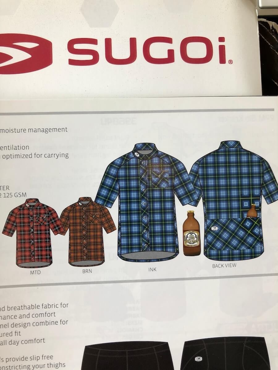 SUGOi brand logo above illustrations of three plaid cycling jerseys in red, brown, and blue colors, with front and back views of the blue jersey showing a rear pocket holding a bottle.
