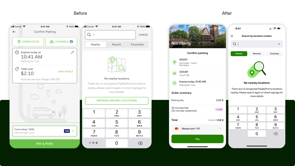 Side-by-side comparison of parking app screens before and after redesign, showing a more modern interface with clearer location info, payment details, and search options.