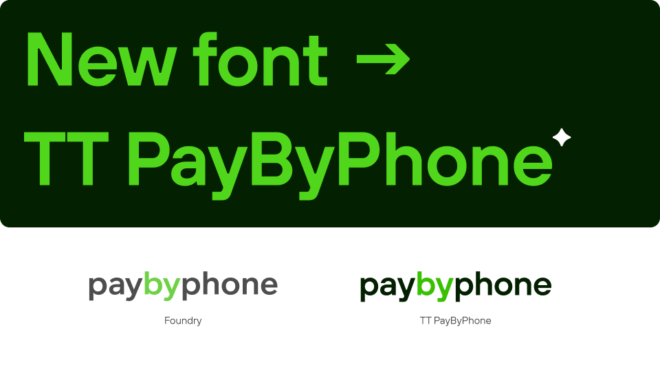 Comparison of two font styles for the word 'paybyphone', the new TT PayByPhone font is bolder and more rounded with 'by' in green.