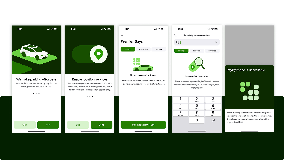 Series of six mobile app screens illustrating a parking service onboarding and usage process, with green-themed icons and buttons for enabling location, selecting parking bays, searching by location number, and a notice that PayByPhone is unavailable.