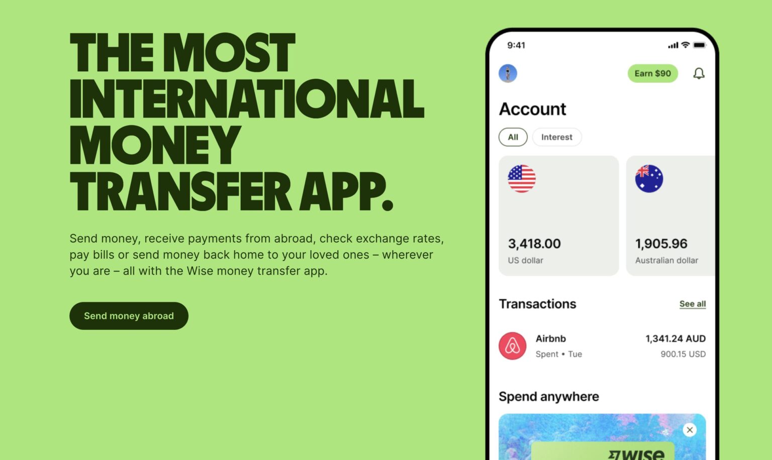 Wise international money transfer app interface showing account balances in US and Australian dollars, recent transaction for Airbnb, and a green background with app promotional text.