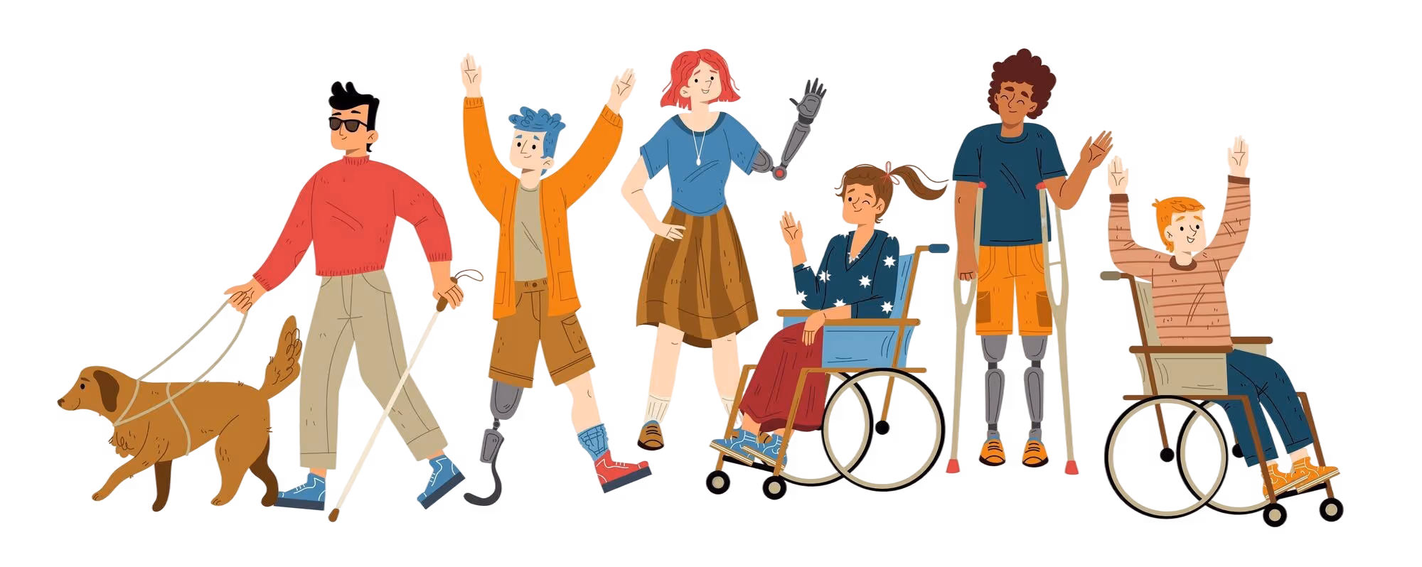 People with different disabilities waving hand