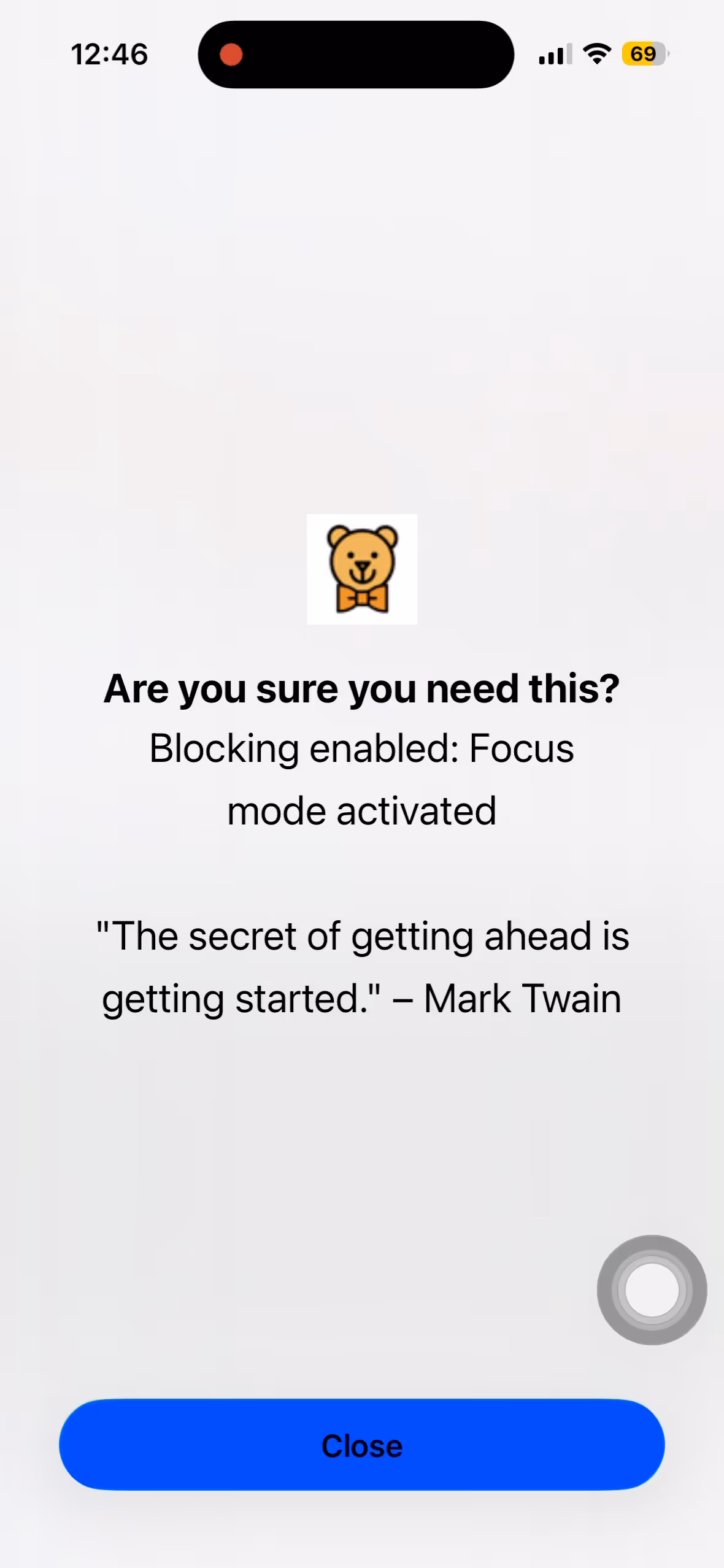 Screenshot of mobile blocking