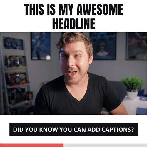 a square video template for Zubtitle featuring a caucasian male smiling at camera with a logo in the top right corner and a subtitle near the bottom that reads "did you know you can add captions to your videos?"