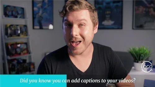 a landscape video template for Zubtitle featuring a caucasian male smiling at camera with a logo in the top right corner and a subtitle near the bottom that reads "did you know you can add captions to your videos?"