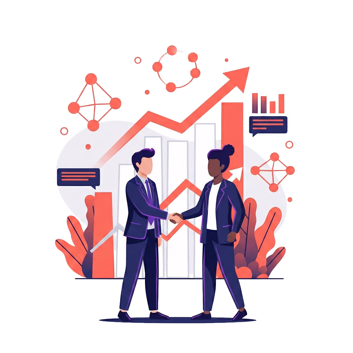 Two business professionals shaking hands in front of rising bar and line charts indicating growth.