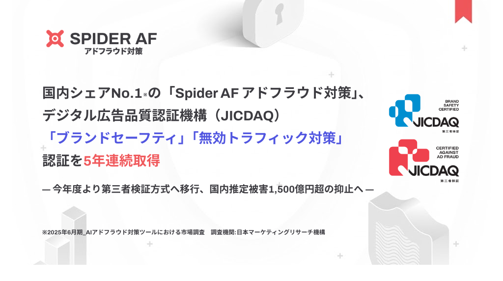 国内シェアNo.1の「Spider AF アドフラウド対策」、デジタル広告品質認証機構（JICDAQ）「ブランドセーフティ」「無効トラフィック対策」認証を5年連続取得