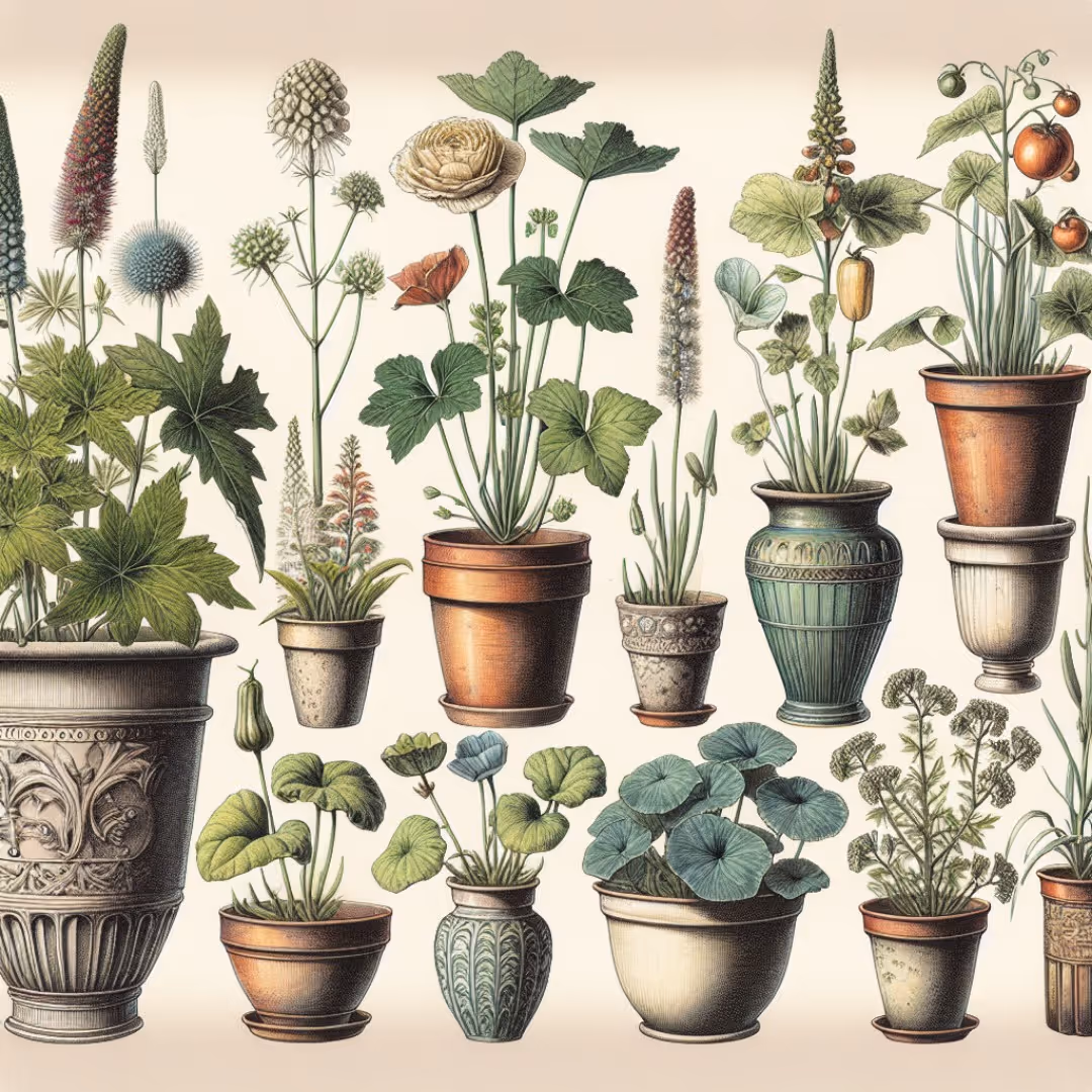 Garden pots containing vegetable plants.