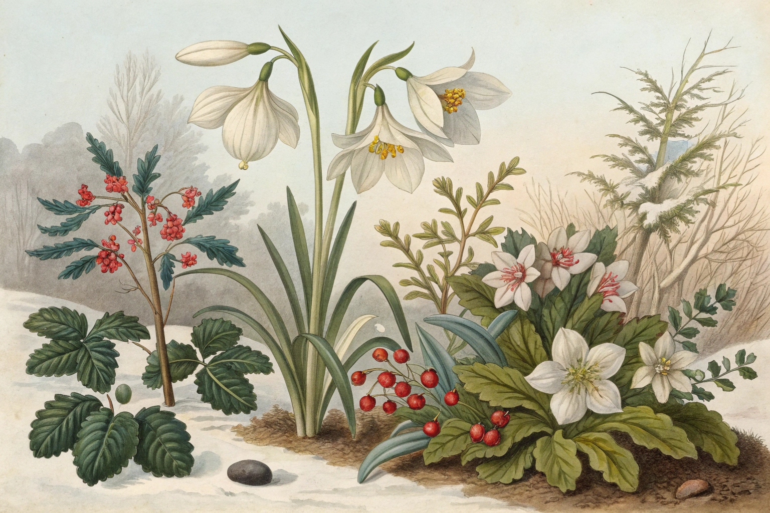 Gardening tools and plants suitable for December planting.