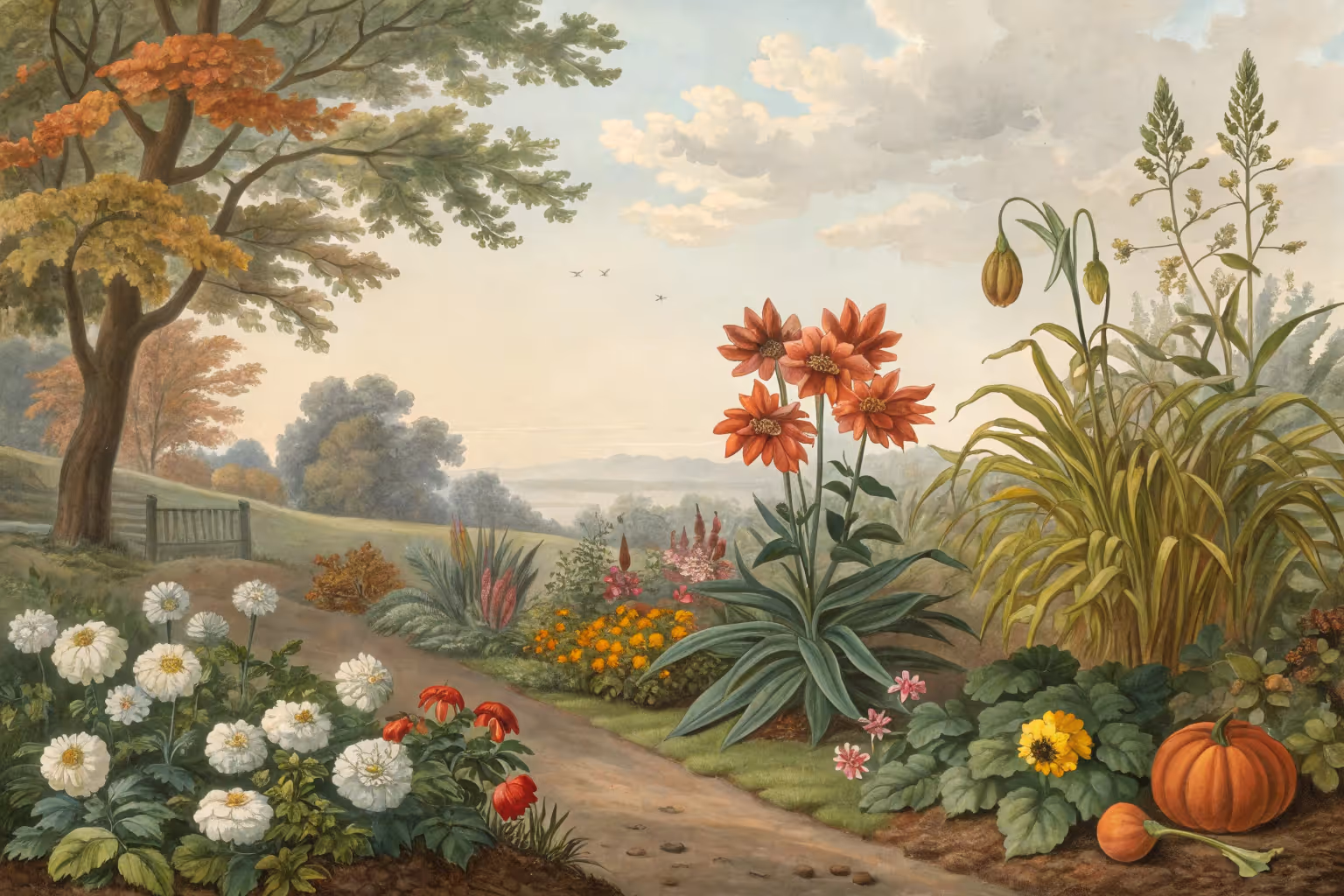 Gardener planting autumn flowers and vegetables in October.