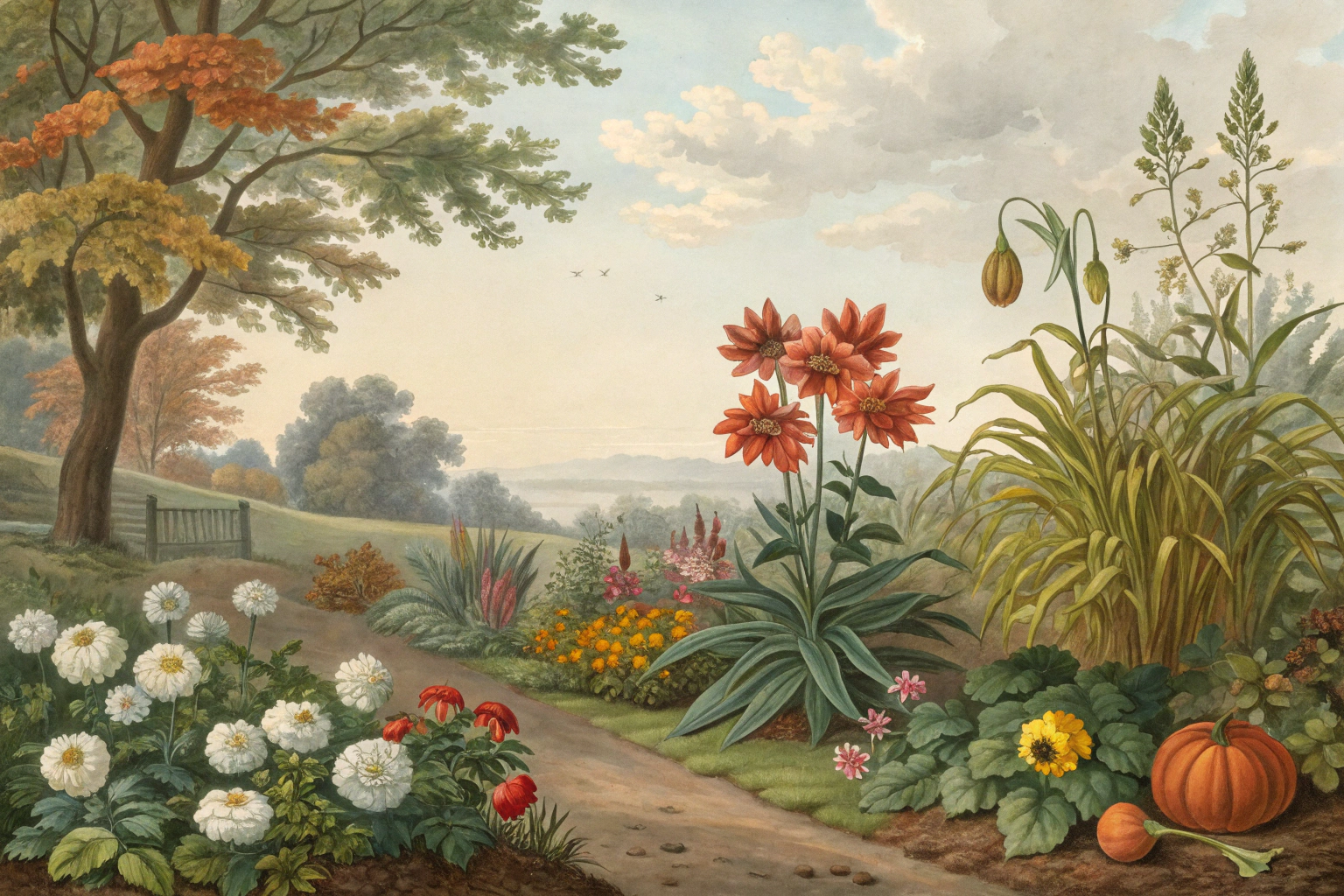 Gardener planting autumn flowers and vegetables in October.