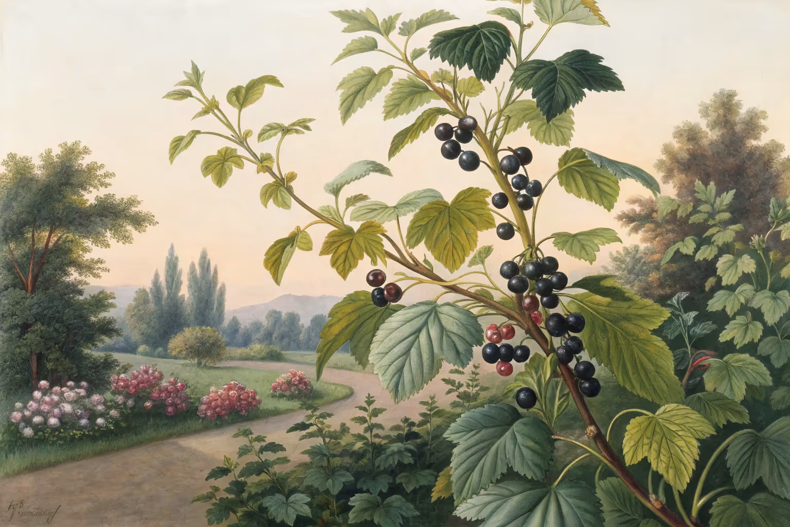 Blackcurrant berries growing on a bush.