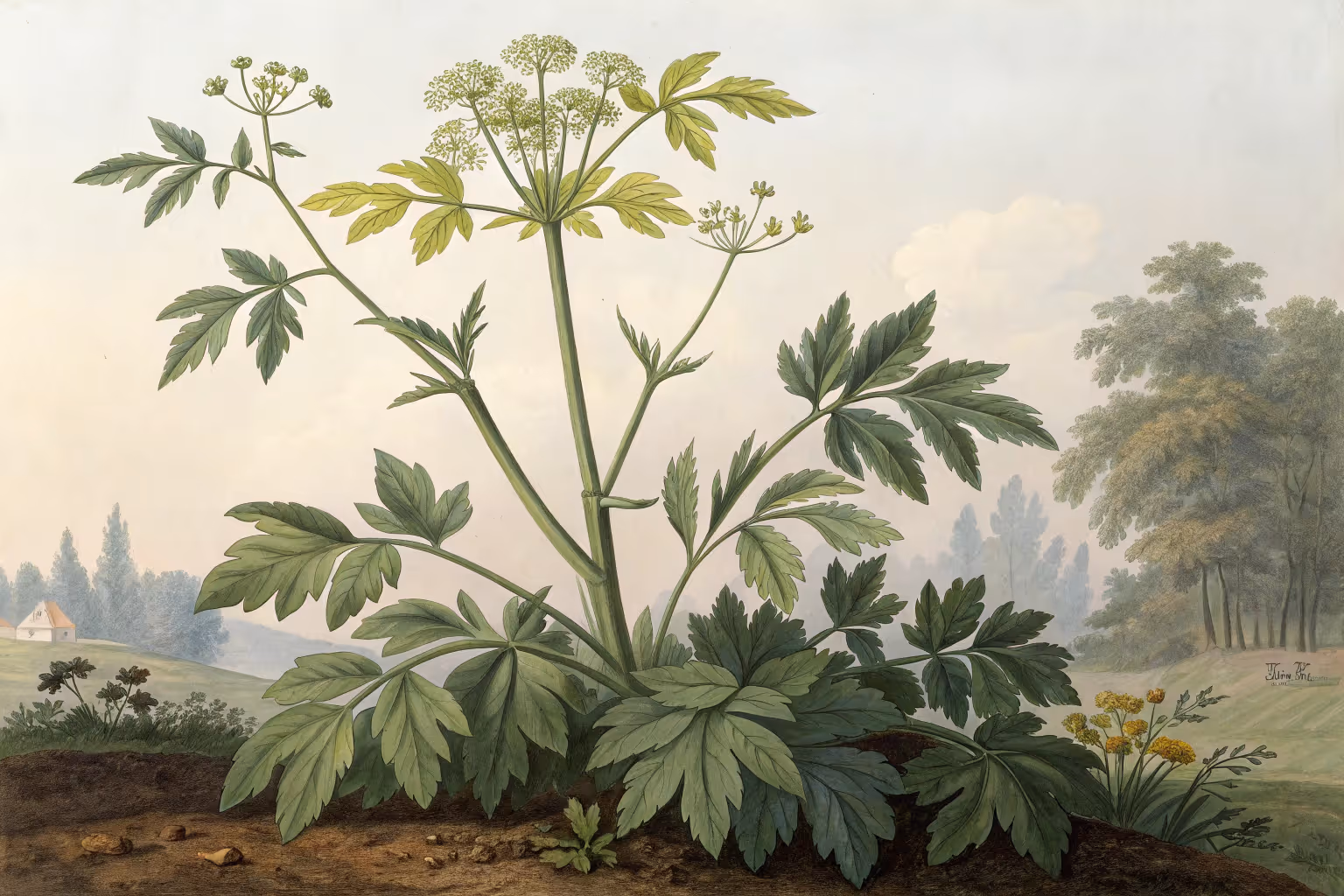 Green lovage plants growing in a garden.