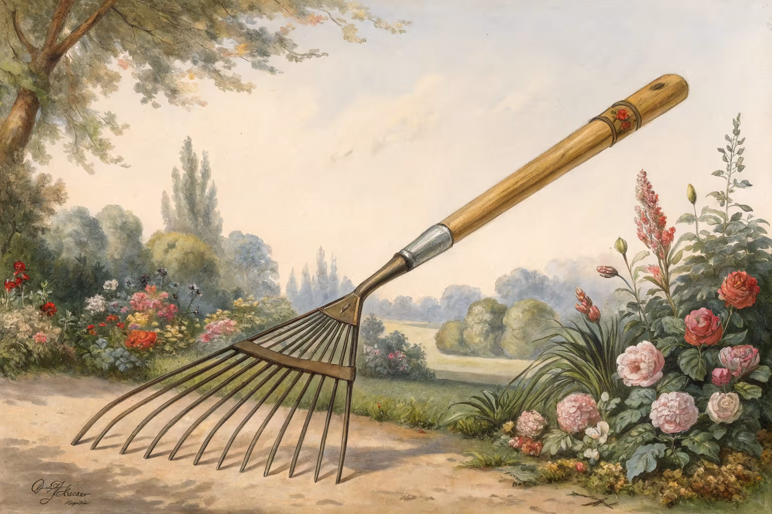Garden rake resting on garden soil.