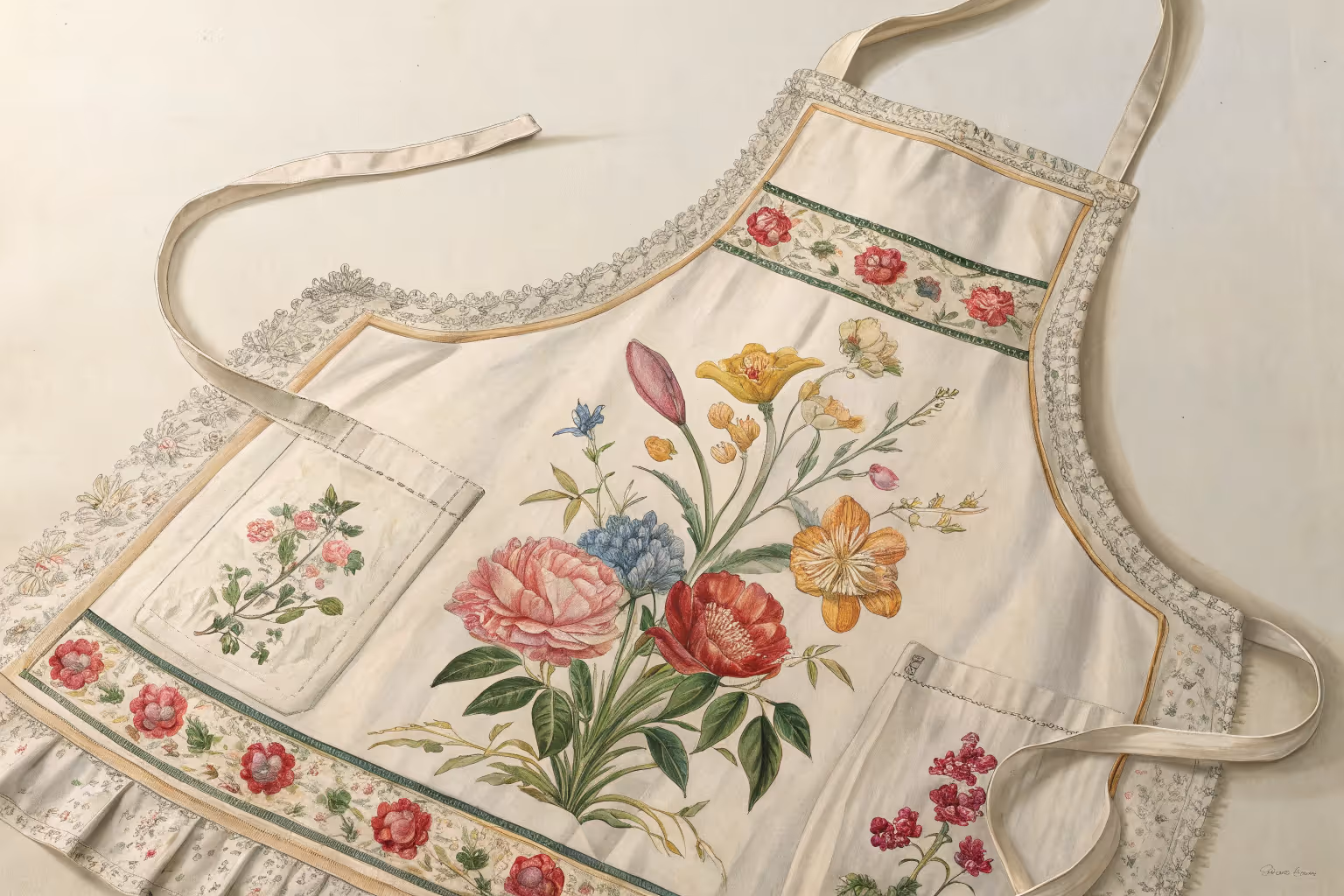Gardening apron with pockets holding gardening tools.