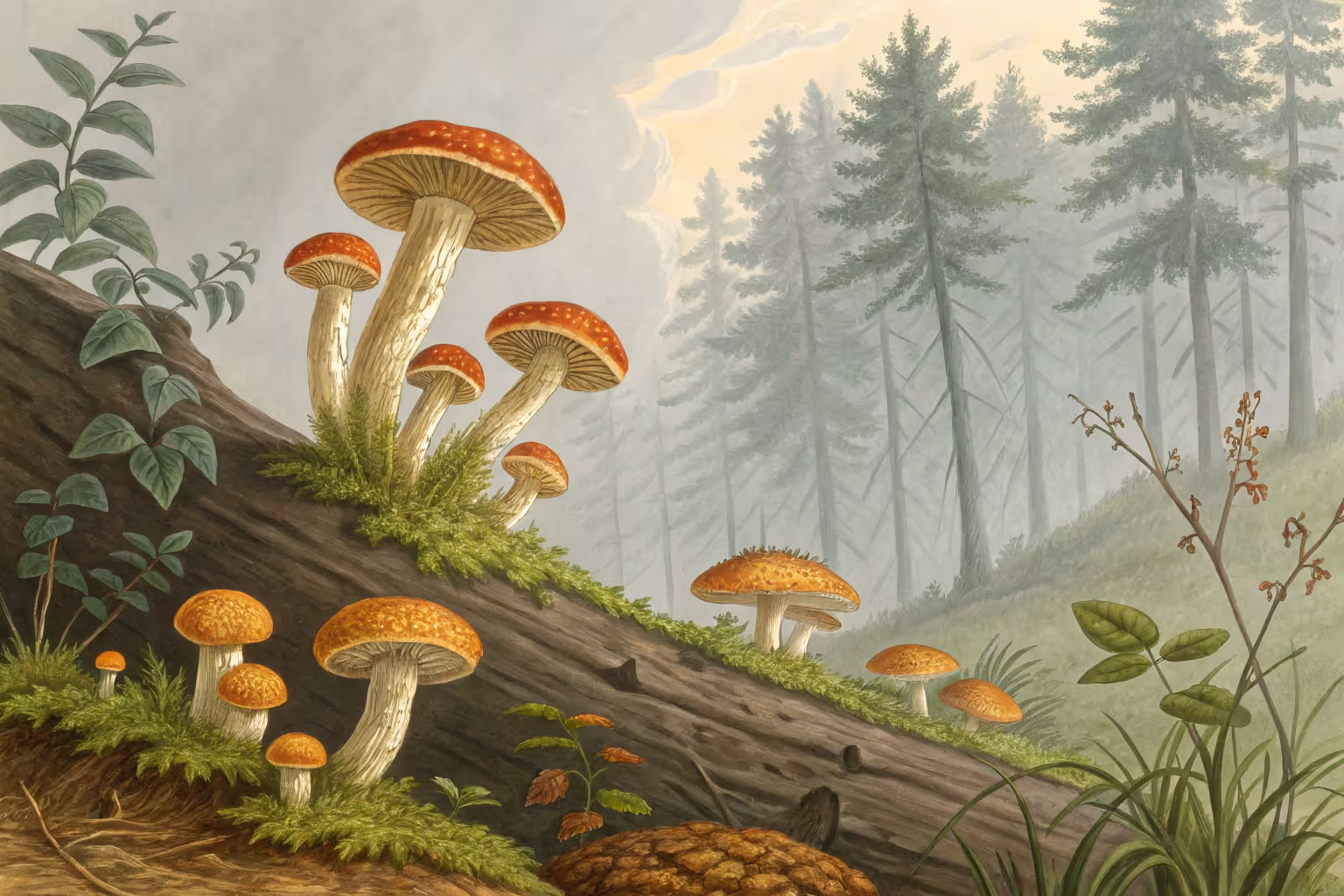 Shiitake mushrooms growing on a log.
