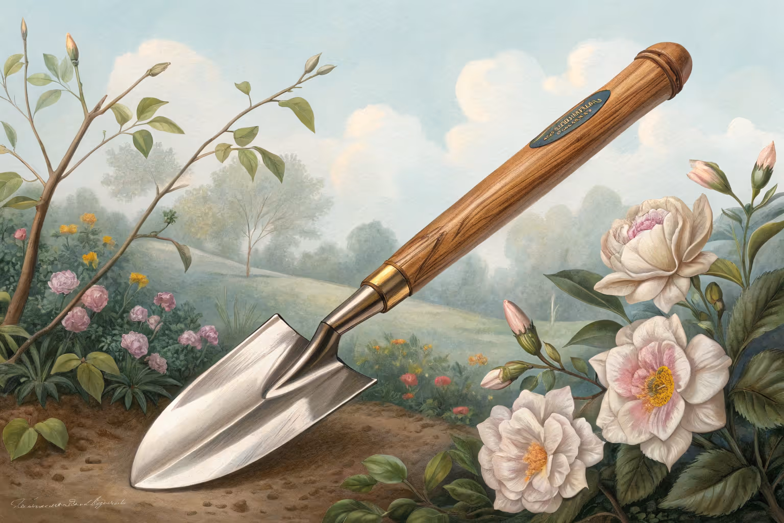 A garden spade standing upright in soil.