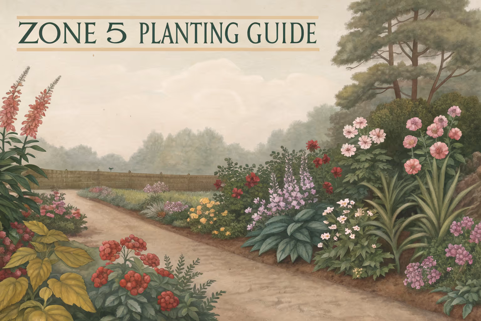 Zone 5 planting guide chart showing planting times and plant varieties.