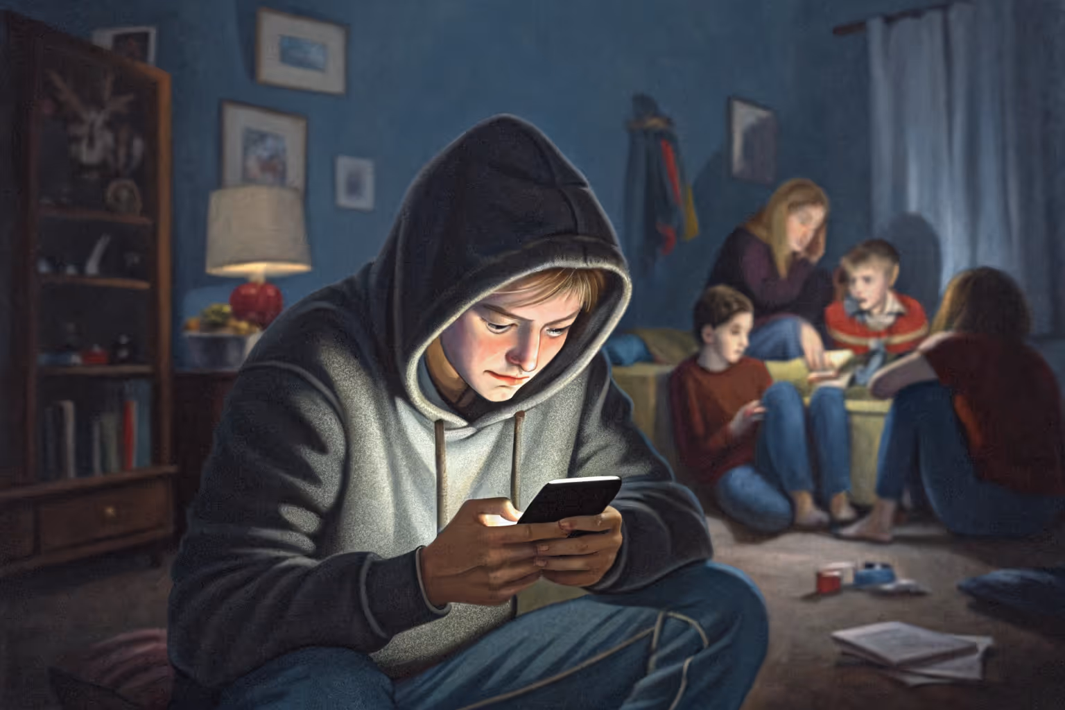 Person staring at smartphone, ignoring surroundings.