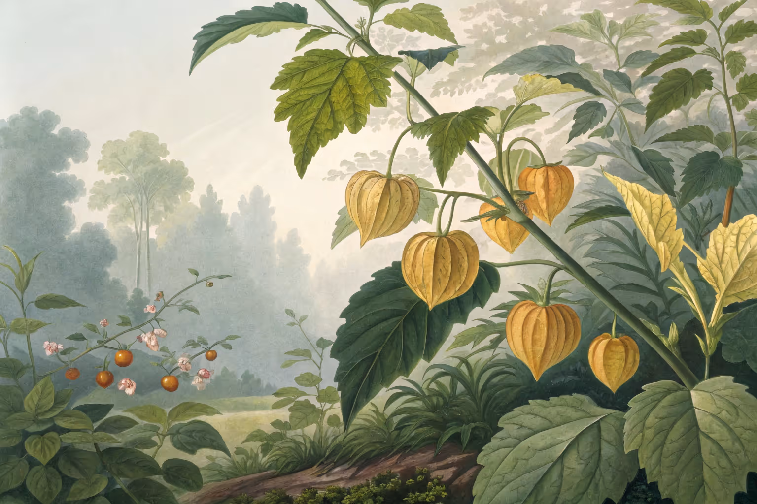 Ground cherries growing on the plant.