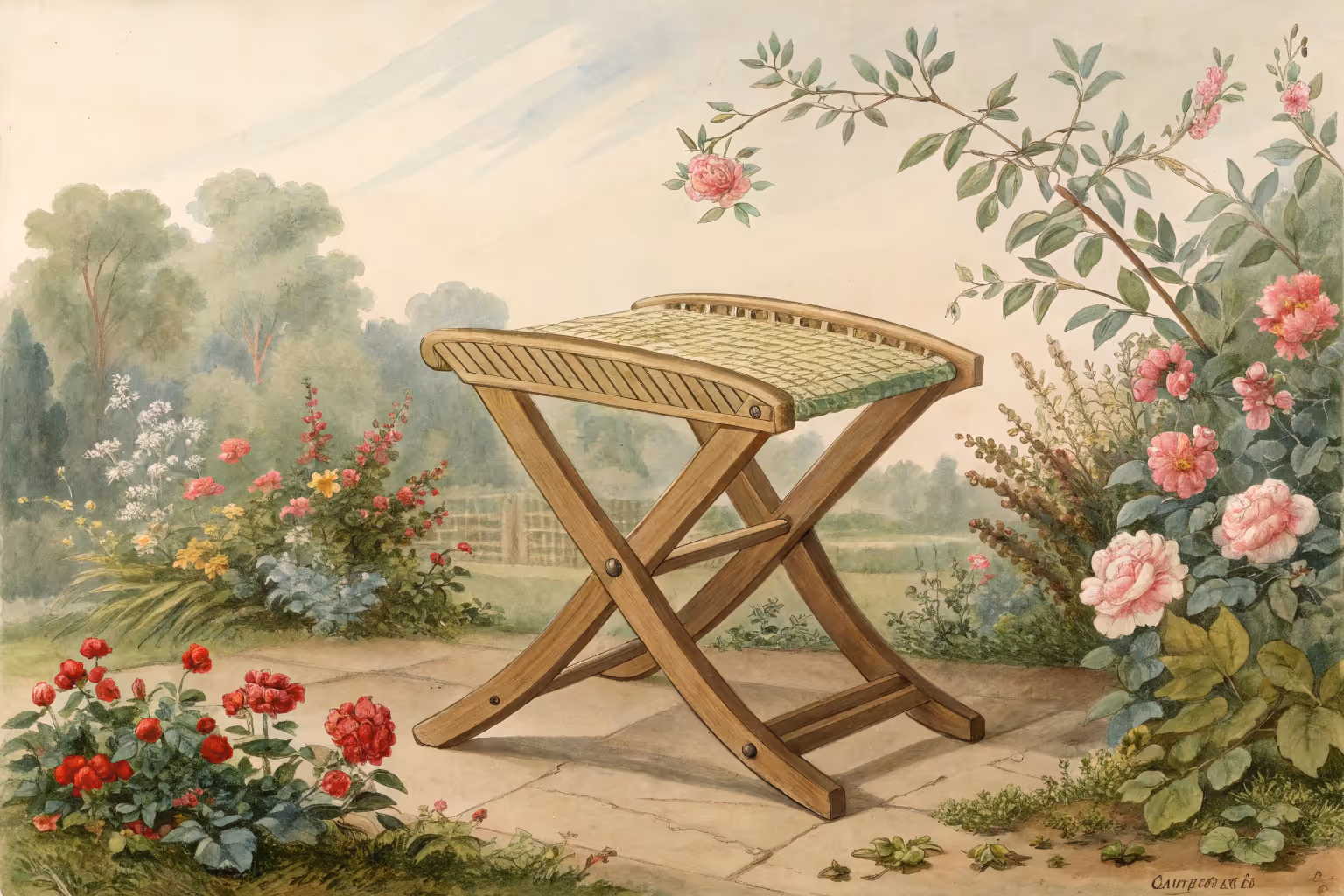 A gardening stool placed outdoors near plants.