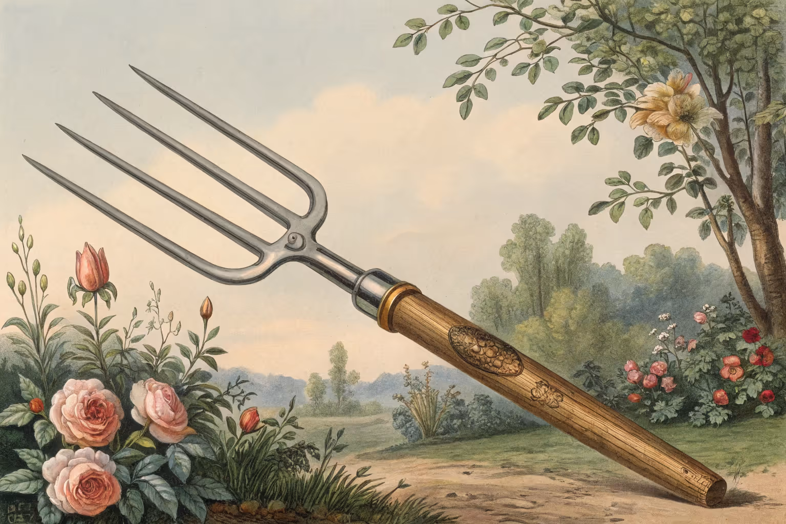 Garden fork standing upright in garden soil.