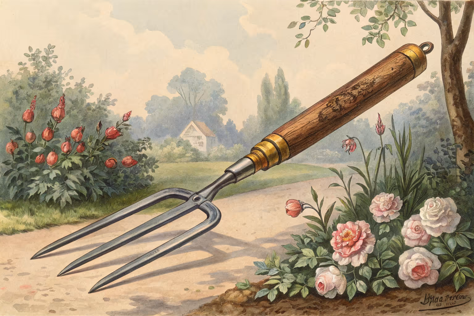Hand cultivator digging into garden soil.