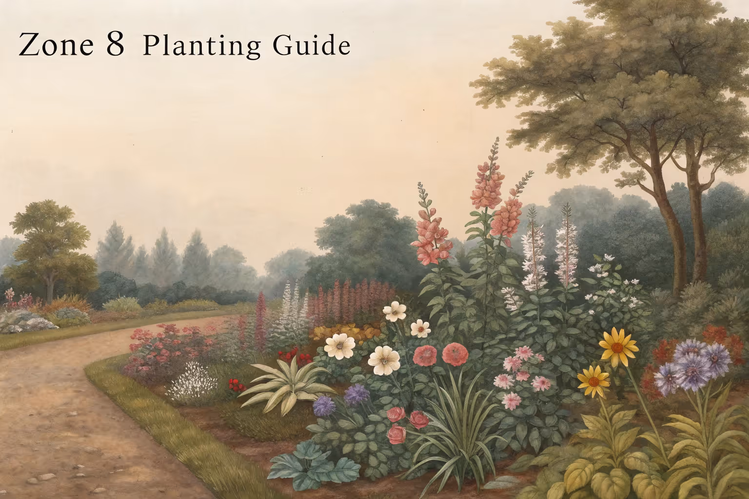 Zone 8 planting guide chart showing planting schedules and recommended plants.