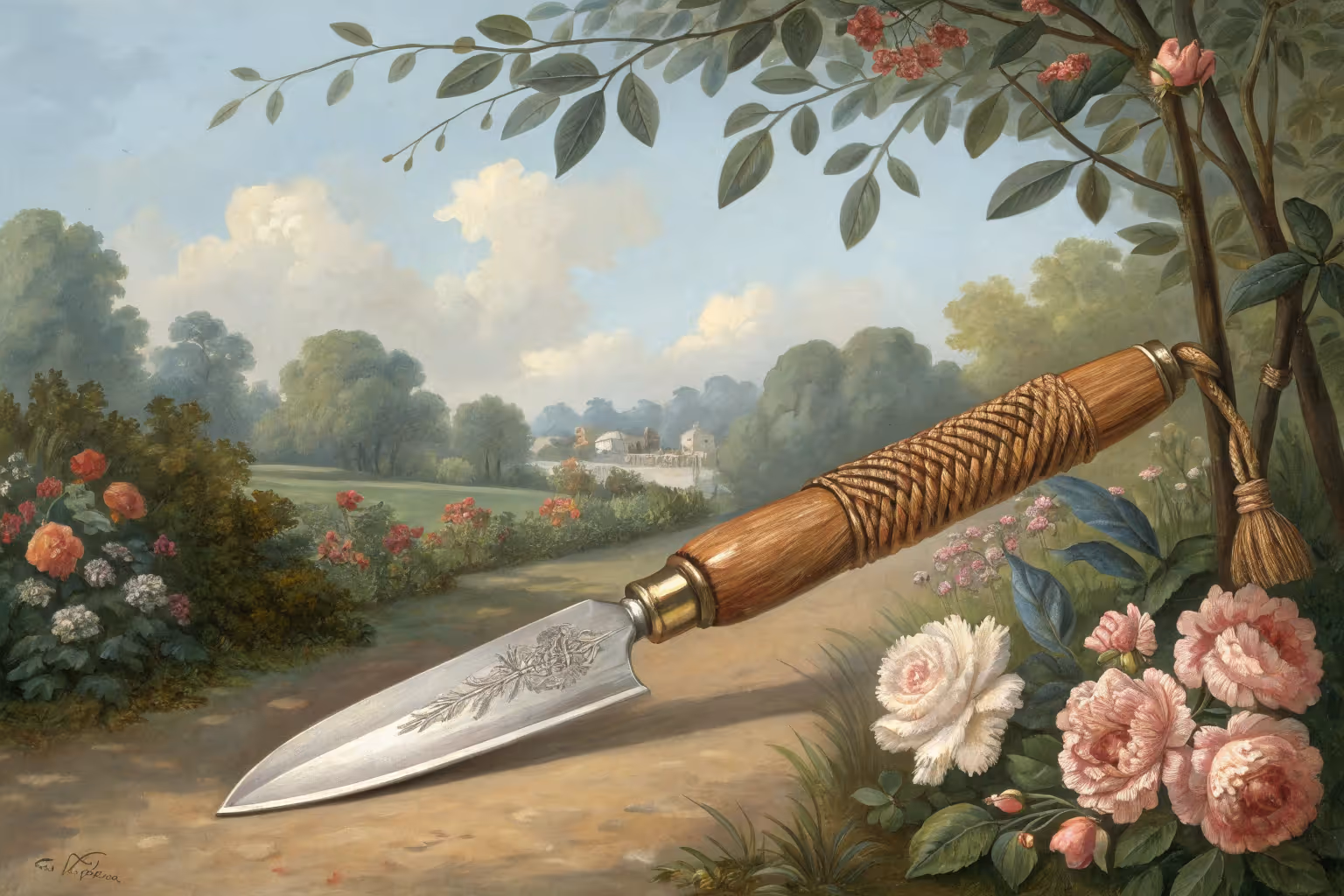 Garden knife placed in garden soil.