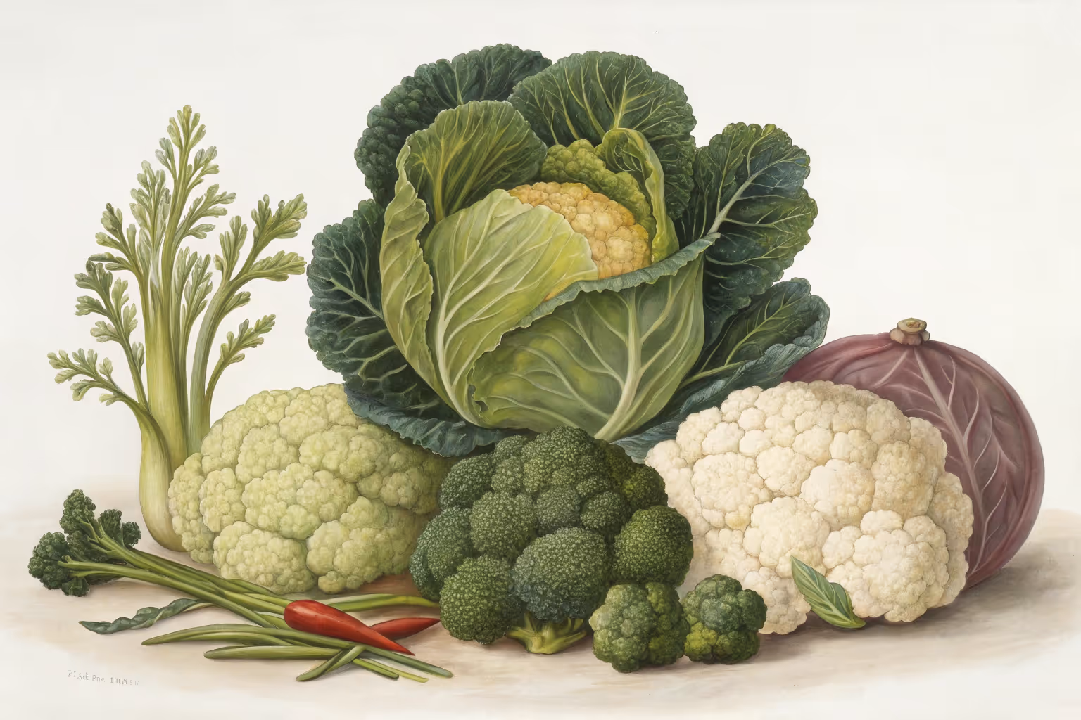 Assorted cruciferous vegetables including broccoli, cauliflower, kale, and cabbage.