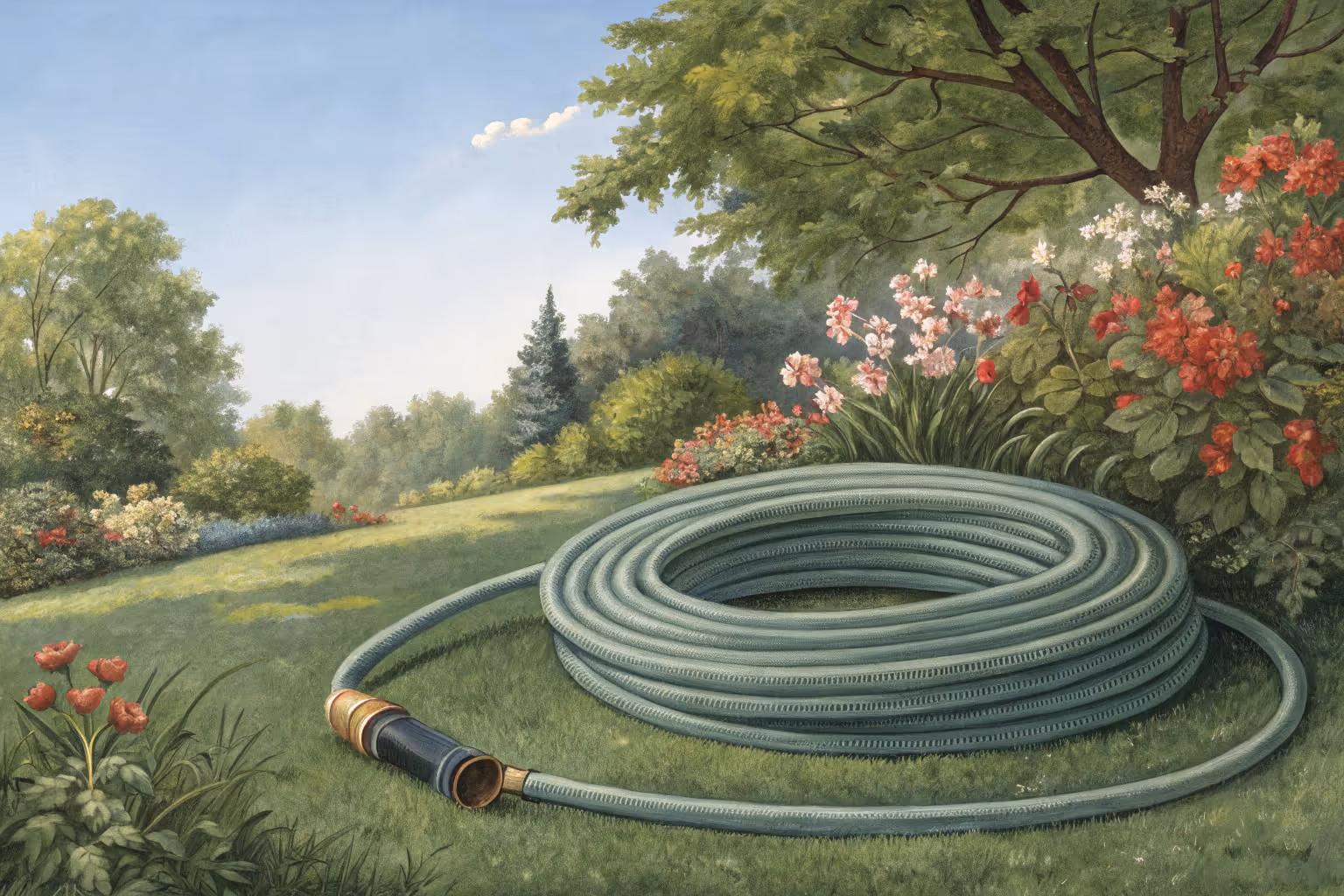 Garden hose in a vegetable garden.