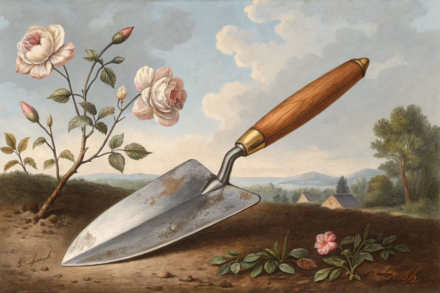 A gardening hand trowel resting on soil.