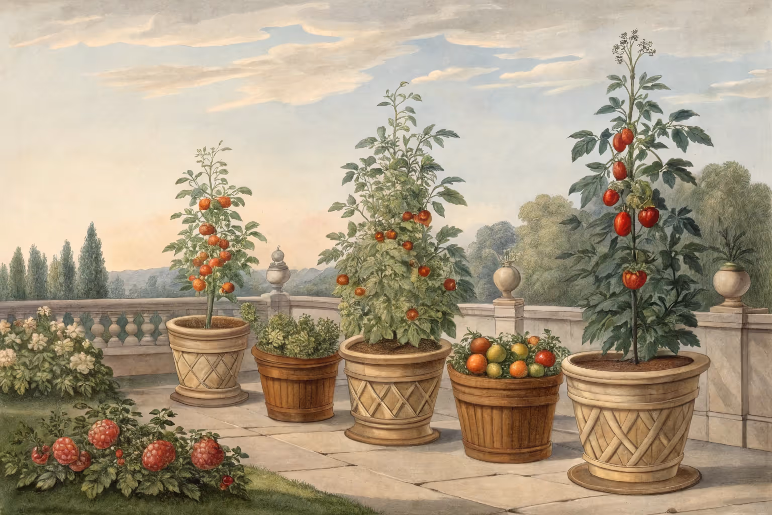 Tomato plants growing in pots.