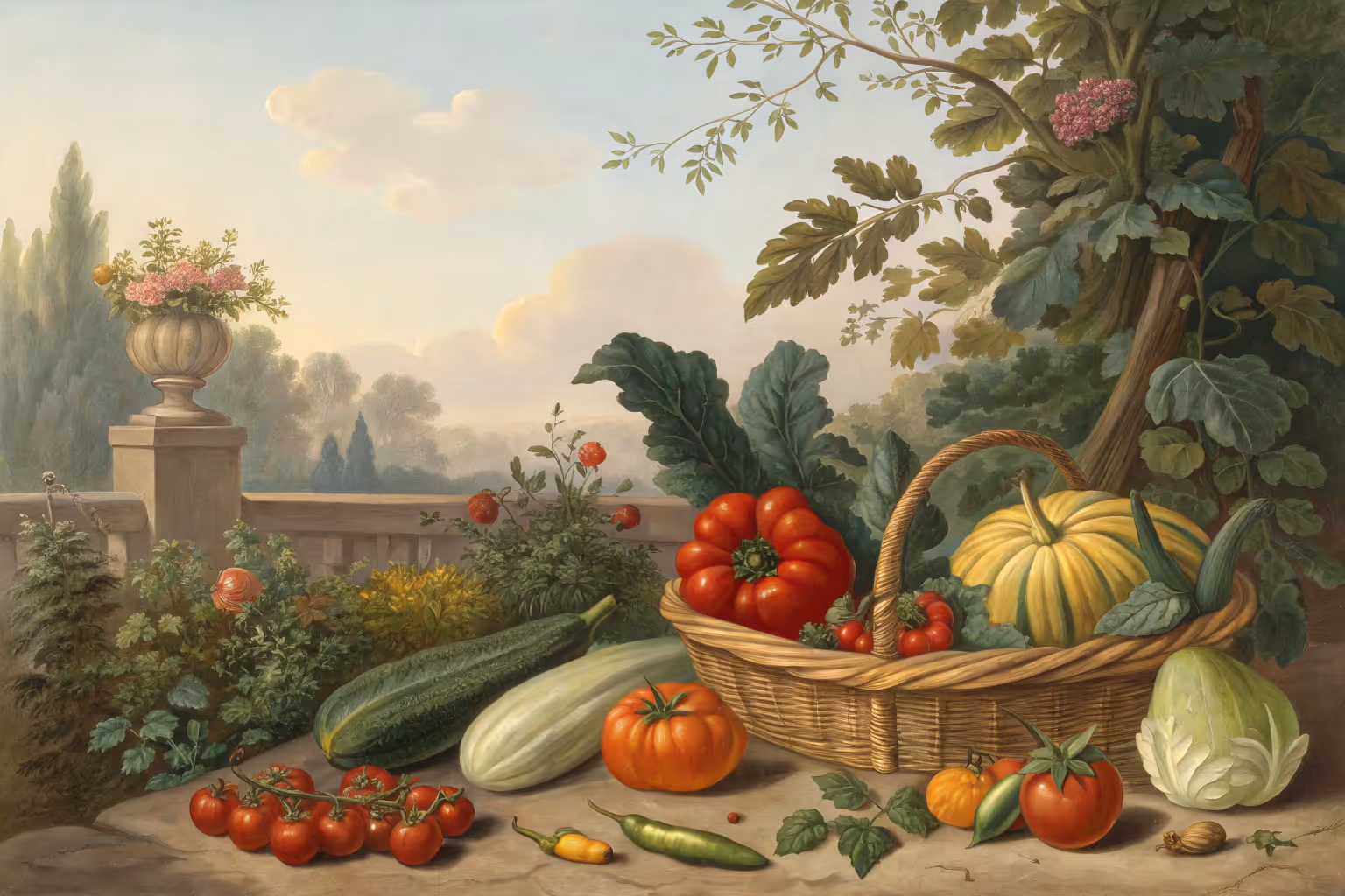 Assorted fresh vegetables thriving in bright sunlight.