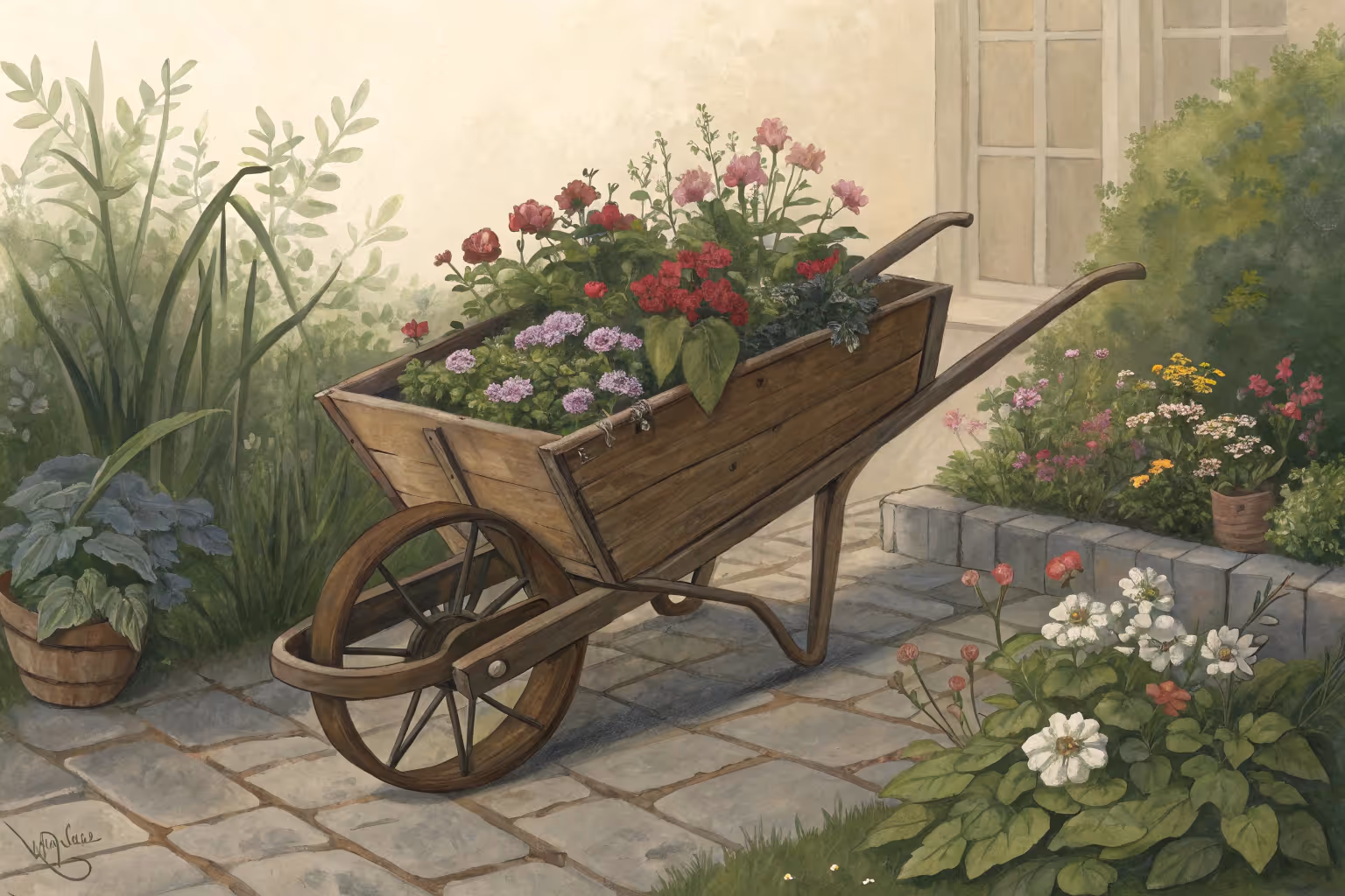 Wheelbarrow in a garden.