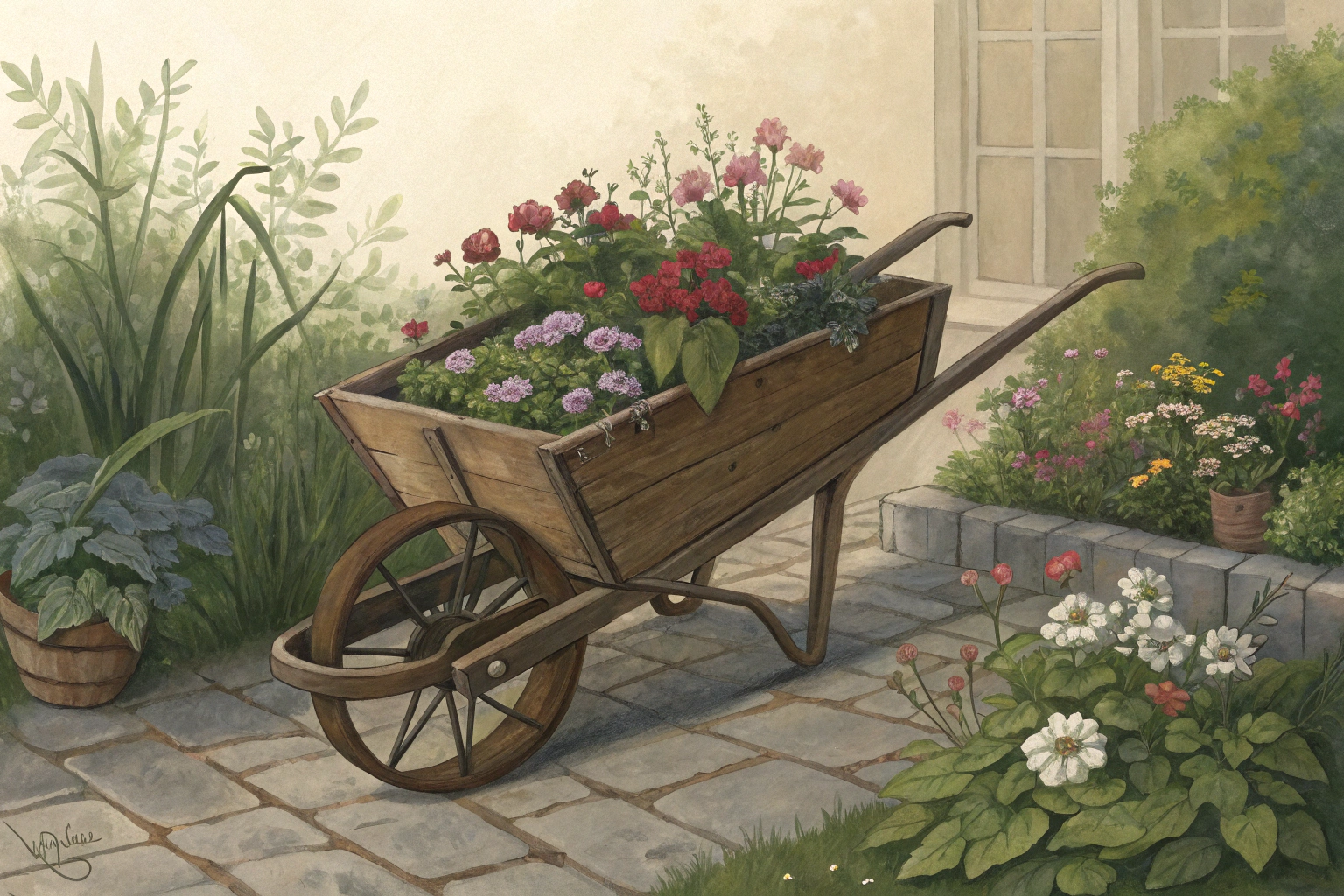 Wheelbarrow in a garden.