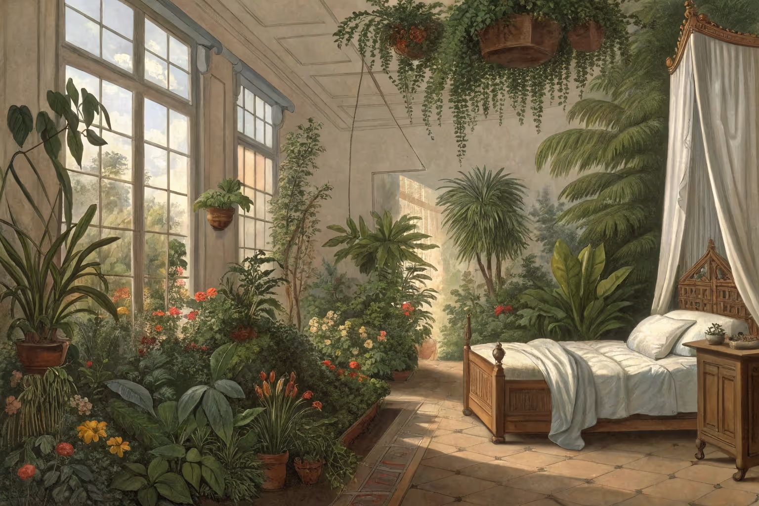 Various houseplants placed in a bedroom setting.